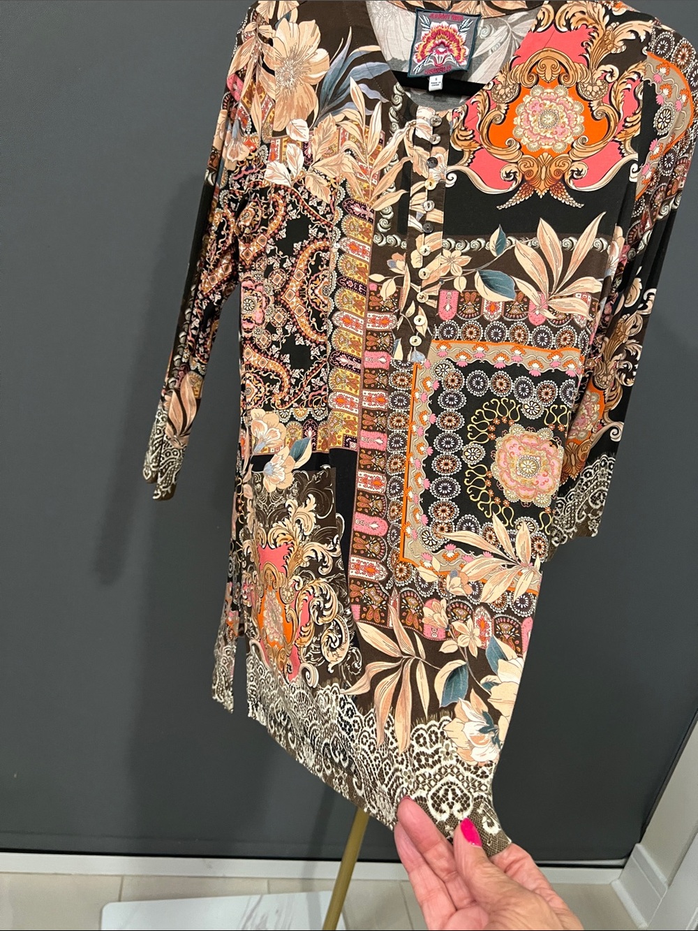 Johnny Was Black Tunic Top with Orange, Pink and Cream Patchwork Print